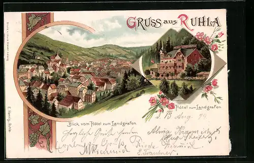 Lithographie Ruhla, Hotel zum Landgrafen, Blick auf den Ort