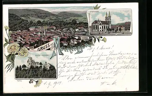 Lithographie Meiningen, Stadtkirche, Schloss Landsberg