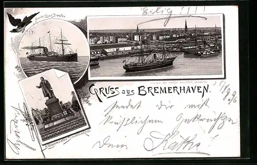 Lithographie Bremerhaven, Nordd. Lloyd Dampfer, Bürgermeister Smidt-Denkmal, Hafen
