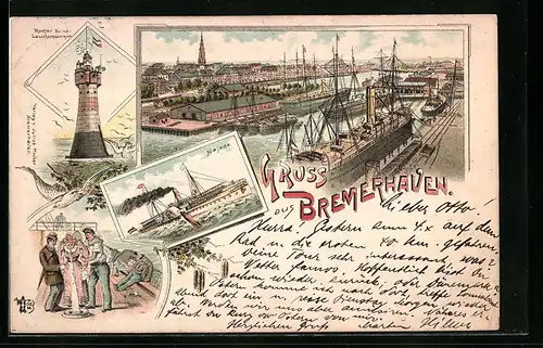 Lithographie Bremerhaven, Hafen, Rother Sand Leuchtturm, Dampfer Najade