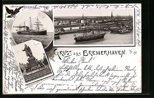 Lithographie Bremerhaven, Nordd. Lloyd Dampfer, Bürgermeister Smidt-Denkmal, Hafen