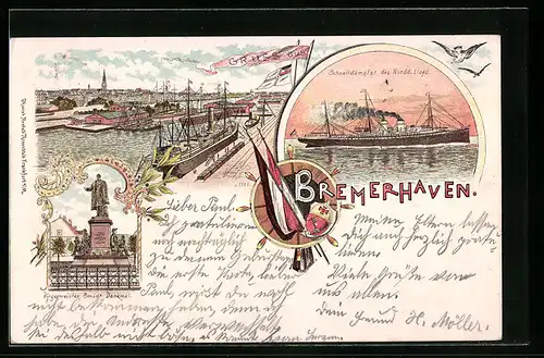Lithographie Bremerhaven, Schnelldampfer des Nordd. Lloyd, Bürgermeister Smidt Denkmal, Hafen mit Dampfer