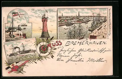 Lithographie Bremerhaven, Rother Sand Leuchtturm, Hafen, Dampfer Najade