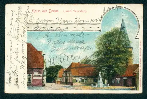 AK Dorum, Ortspartie mit Denkmal und Kirche