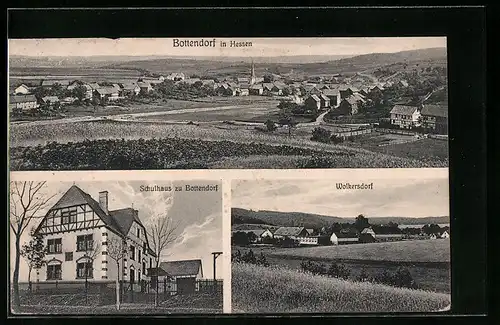 AK Bottendorf i. Hessen, Schulhaus, Ortsansicht, Blick auf Wolkersdorf