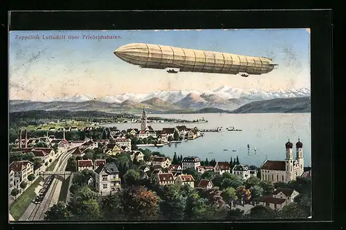 Künstler-AK Friedrichshafen, Hafenansicht mit Zeppelin aus der Vogelschau