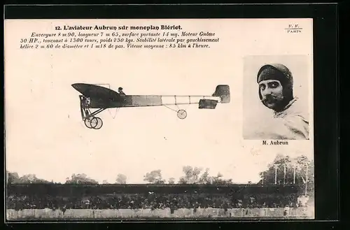 AK L`aviateur Aubrun sur monoplan Leriot, Portrait M. Aubrun