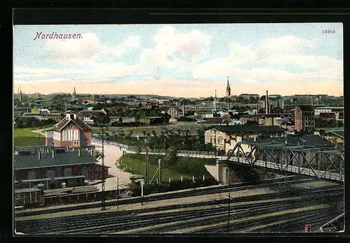 AK Nordhausen, Ortsansicht mit Bahnhof aus der Vogelschau