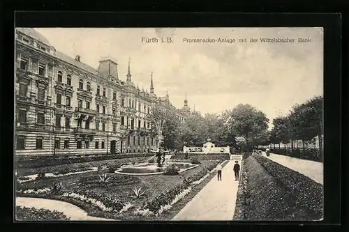AK Fürth i. B., Promenaden-Anlage mit der Wittelsbacher Bank