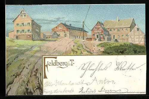 Lithographie Feldberg i. T., Häuser vom Ortsrand aus gesehen