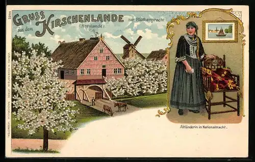 Künstler-AK Altenlande, Haus und Windmühle während der Kirschblüte, Altländerin in Tracht