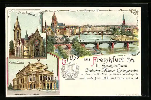 Lithographie Frankfurt /Main, Mainansicht, Opernhaus, Peterskirche