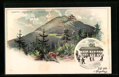 Künstler-AK Jonsdorf, Gasthaus an der Lausche, Lausche von der Jonsdorferstrasse gesehen