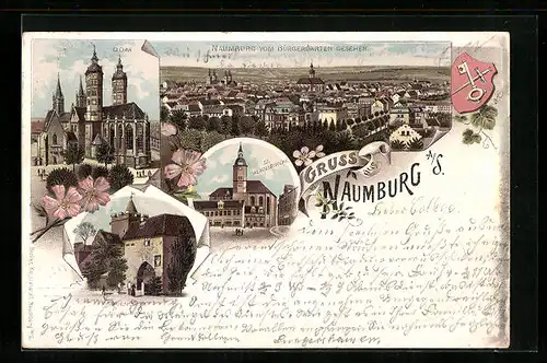 Lithographie Naumburg a. S., Ortsansicht vom Bürgergarten aus, Marienthor, Wappen