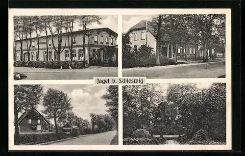 AK Jagel bei Schleswig, Gasthaus, Strassenpartie, Denkmal