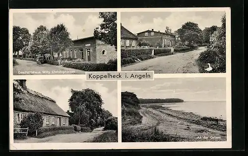 AK Koppelheck i. Angeln, Geschäftshaus Christophersen, Strassenpartien, Ostsee-Strand