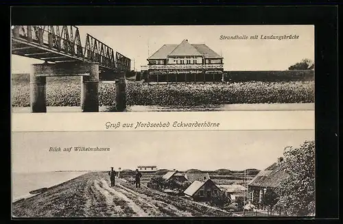 AK Eckwarderhörne /Nordsee, Strandhalle mit Landungsbrücke, Blick auf Wilhelmshaven