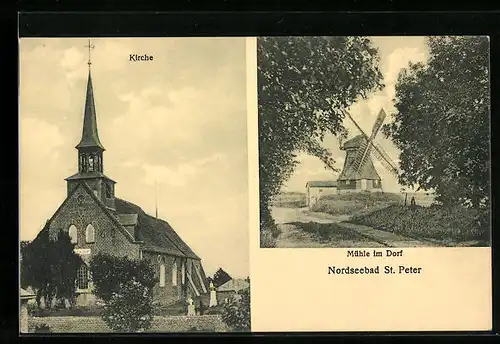 AK St. Peter, Kirche und Mühle im Dorf