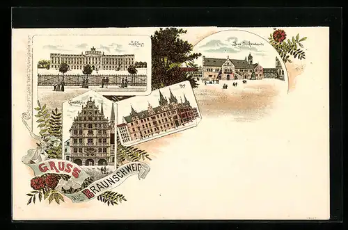 Lithographie Braunschweig, Schloss, Gewandhaus, Burg Dankwarderode