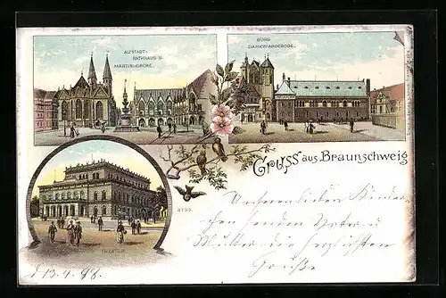 Lithographie Braunschweig, Burg Dankwarderode, Altstadt-Rathaus und Martinkirche, Theater