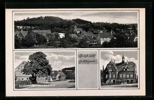 AK Goldschau, Gasthof mit Dorfstrasse, Rittergut, Panorama