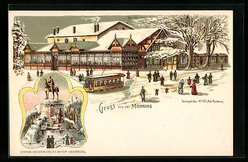 Lithographie Monning, Strassenpartie mit Strassenbahn, Denkmal Kaiser Wilhelm I.