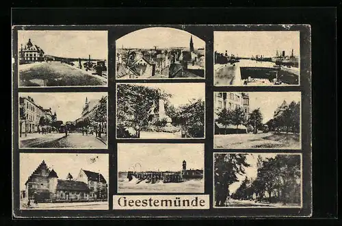 AK Geestemünde, Ortsansichten mit Hafen und Strassenbahn