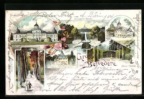 Lithographie Weimar, Belvedere - Hauptschloss, Natur-Theater, Orangerie-Garten