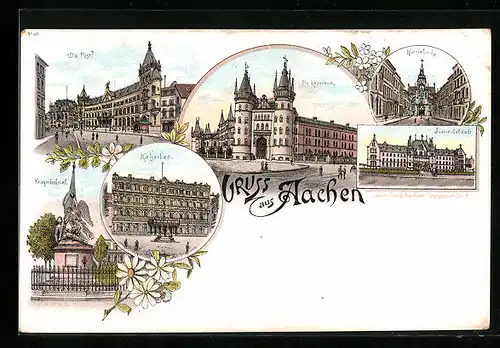 Lithographie Aachen, Die Post, Kriegerdenkmal, Kaserne