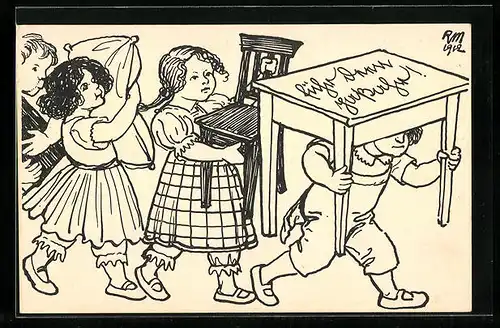 Künstler-AK Langenthal, Spital-Bazar, Biedermaier-Fest Grossen Zentralhalle & Reitschule, Kinder beim Möbel rücken