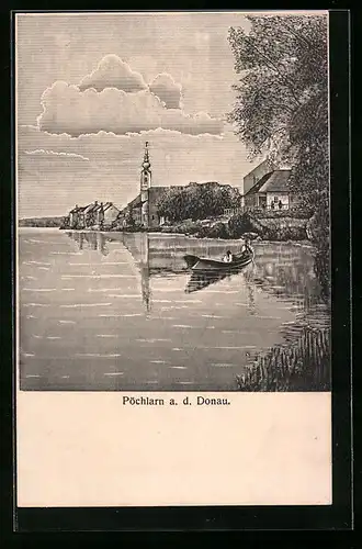 AK Pöchlarn a. d. Donau, Ruderpartie mit Ortsblick