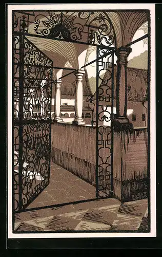 Künstler-AK Gaming, Kartause, Blick durch ein Barockgitter in den Bibliothekshof mit spätgotischem Gebäude