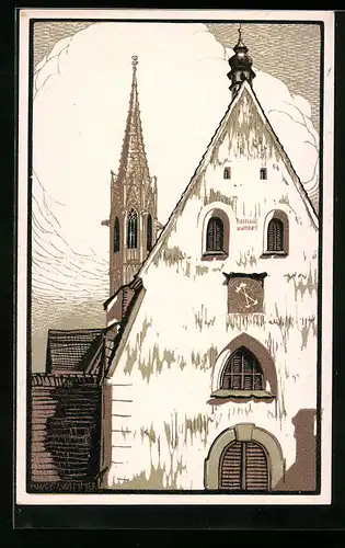 Künstler-AK Gaming, Kartause, Westfassade der ehemaligen Klosterkirche und hochgotischer Turm