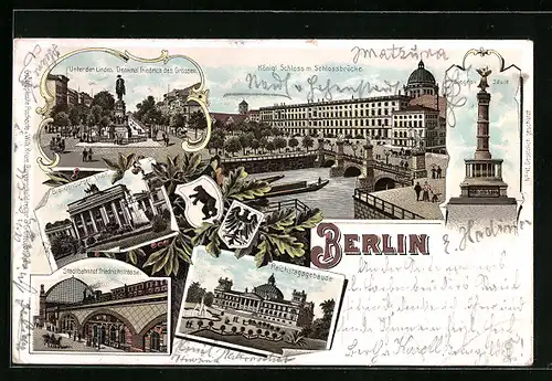 Lithographie Berlin, Schloss, Stadtbahnhof Friedrichstrasse, Reichstagsgebäude
