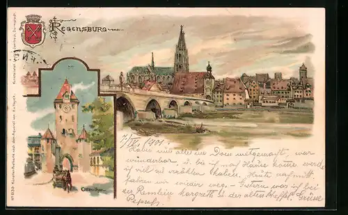 Lithographie Regensburg, Cisten-Thor, Brücke mit Fluss