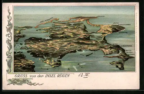 Lithographie Rügen, Gesamtansicht mit Insel Hiddensöe, Arcona