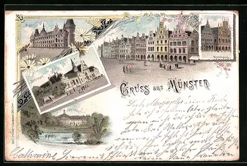 Lithographie Münster, Bahnhof, Post, Schloss