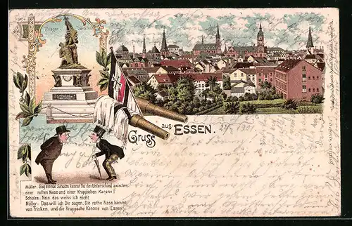 Lithographie Essen, Kriegerdenkmal, Ortsansicht aus der Vogelschau