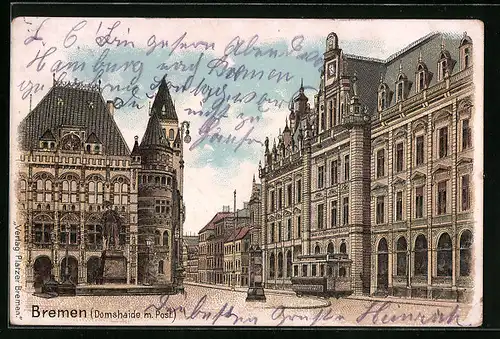 Lithographie Bremen, Domshaide mit Post und Strassenbahn