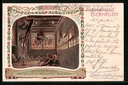 Lithographie Bremen, Gasthaus Bierbrauerei Wilhelm Remmer, Innenansicht Scheune