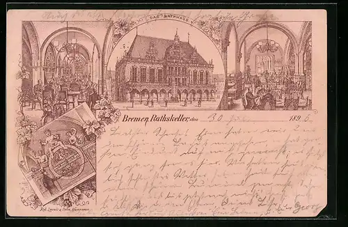 Lithographie Bremen, Gasthaus Ratskeller, Innenansichten, Rathaus