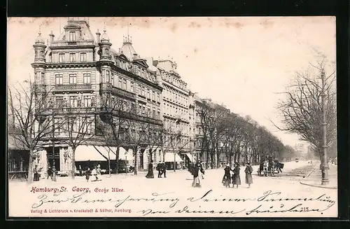AK Hamburg-St. Georg, Grosse Allee mit Passanten und Kutsche