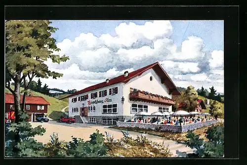 AK Kreuth, Gasthaus Hirschberg-Alm mit Vorplatz und Terrasse