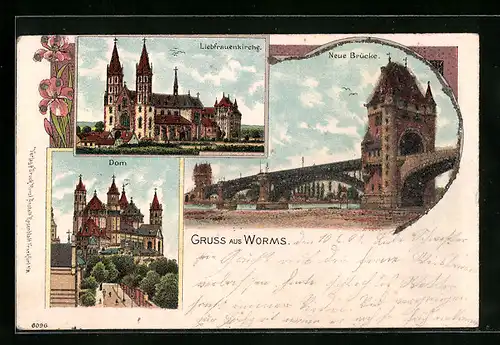 Lithographie Worms, Neue Brücke, Liebfrauenkirche, Dom