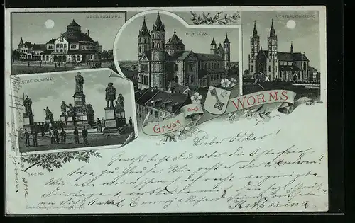 Mondschein-Lithographie Worms, Dom, Festspielhaus, Lutherdenkmal