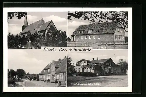 AK Rieseby /Kr. Eckernförde, Geschäftshaus Otto Lüdke, Strassenpartie, Schule