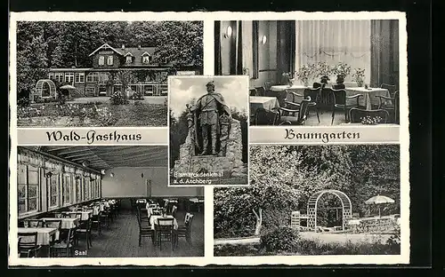 AK Bistensee, vier Ansichten Waldgasthaus Baumgarten und Bismarckdenkmal