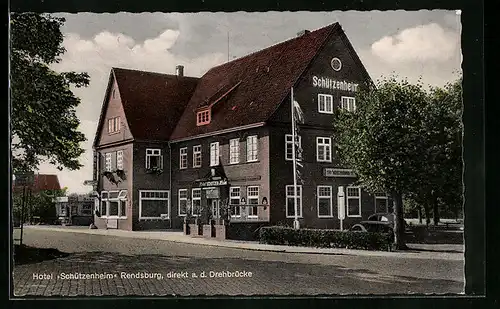 AK Rendsburg, Hotel Schützenheim direkt an der Drehbrücke