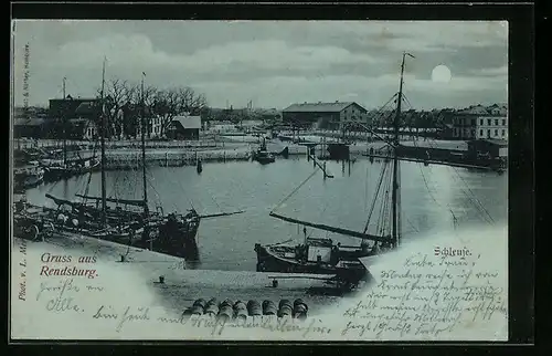 Mondschein-AK Rendsburg, Partie an der Schleuse