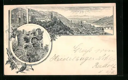 Lithographie Heidelberg, Ortsansicht, Burgruine